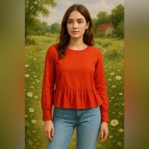 Copper Key Orange Peplum Blouse M 100% Cotton Cottagecore Boho Top